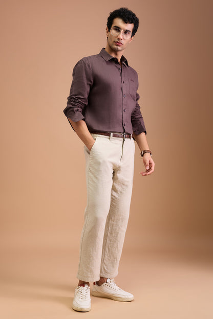 SOMBRE- MENS PREMIUM LINEN BURGANDY SOLID REGULAR FIT SHIRT
