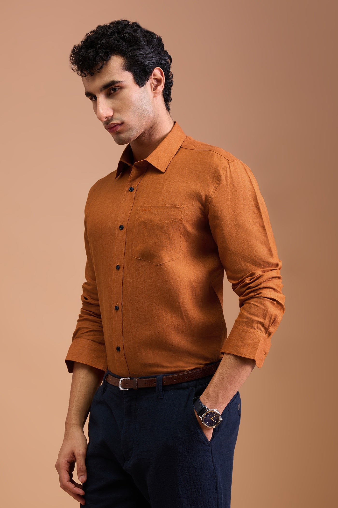 ALBA- MENS PREMIUM 100% LINEN RUSTIC AMBER SOLID REGULAR FIT SHIRT