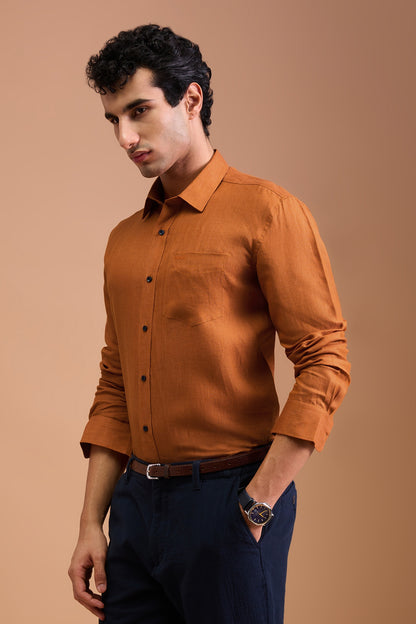 ALBA- MENS PREMIUM 100% LINEN RUSTIC AMBER SOLID REGULAR FIT SHIRT