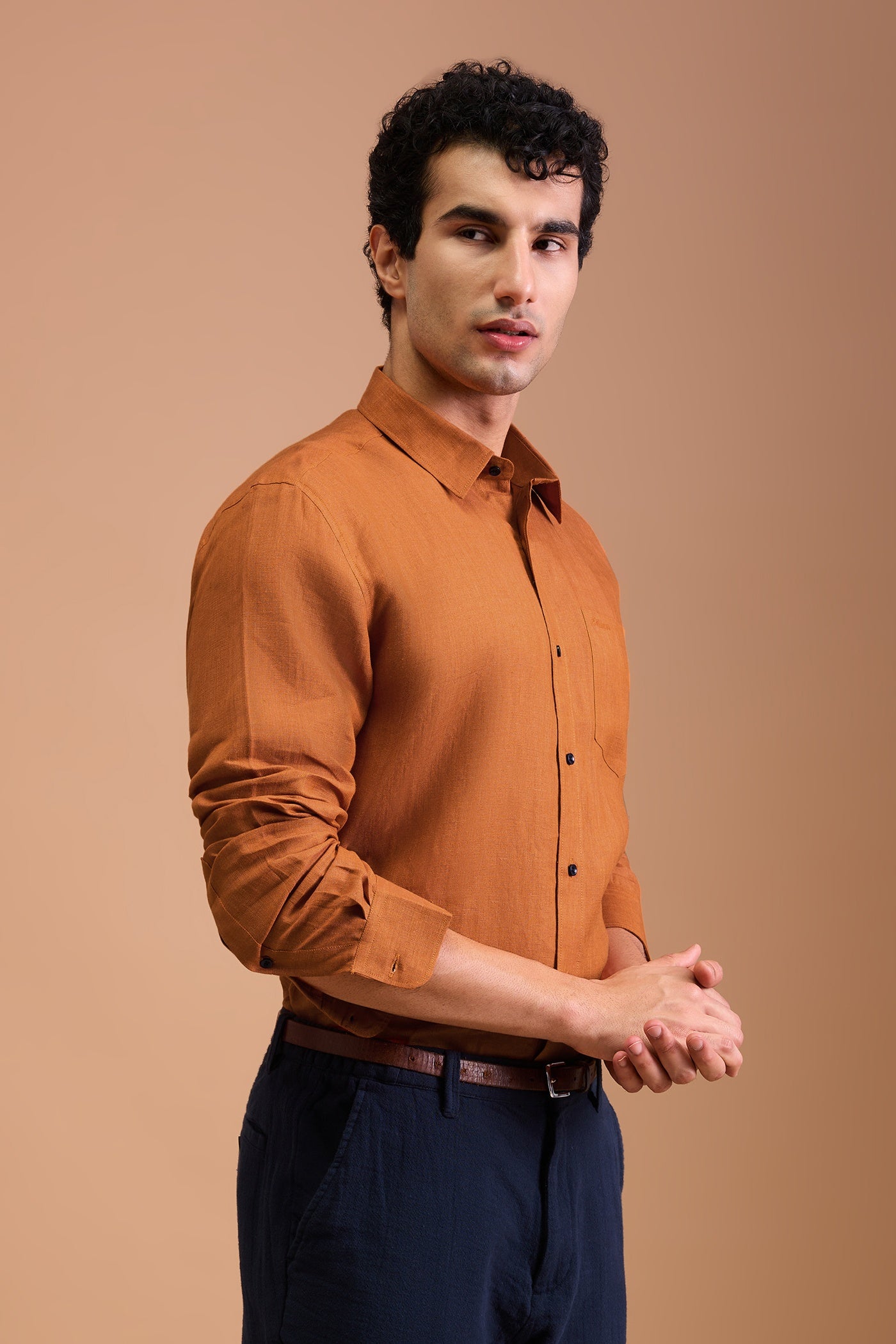 ALBA- MENS PREMIUM 100% LINEN RUSTIC AMBER SOLID REGULAR FIT SHIRT