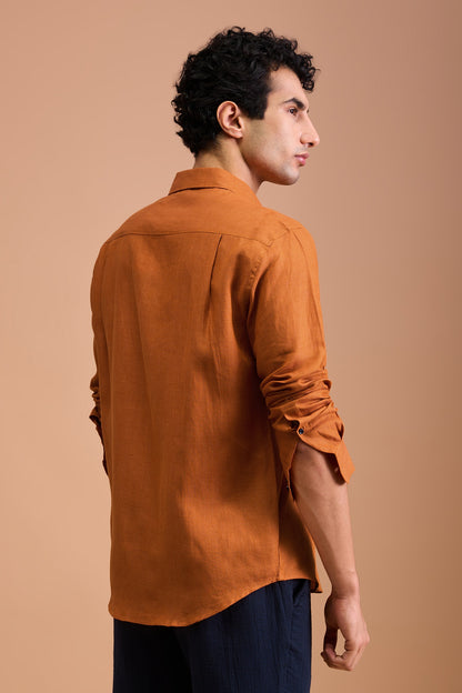 ALBA- MENS PREMIUM 100% LINEN RUSTIC AMBER SOLID REGULAR FIT SHIRT