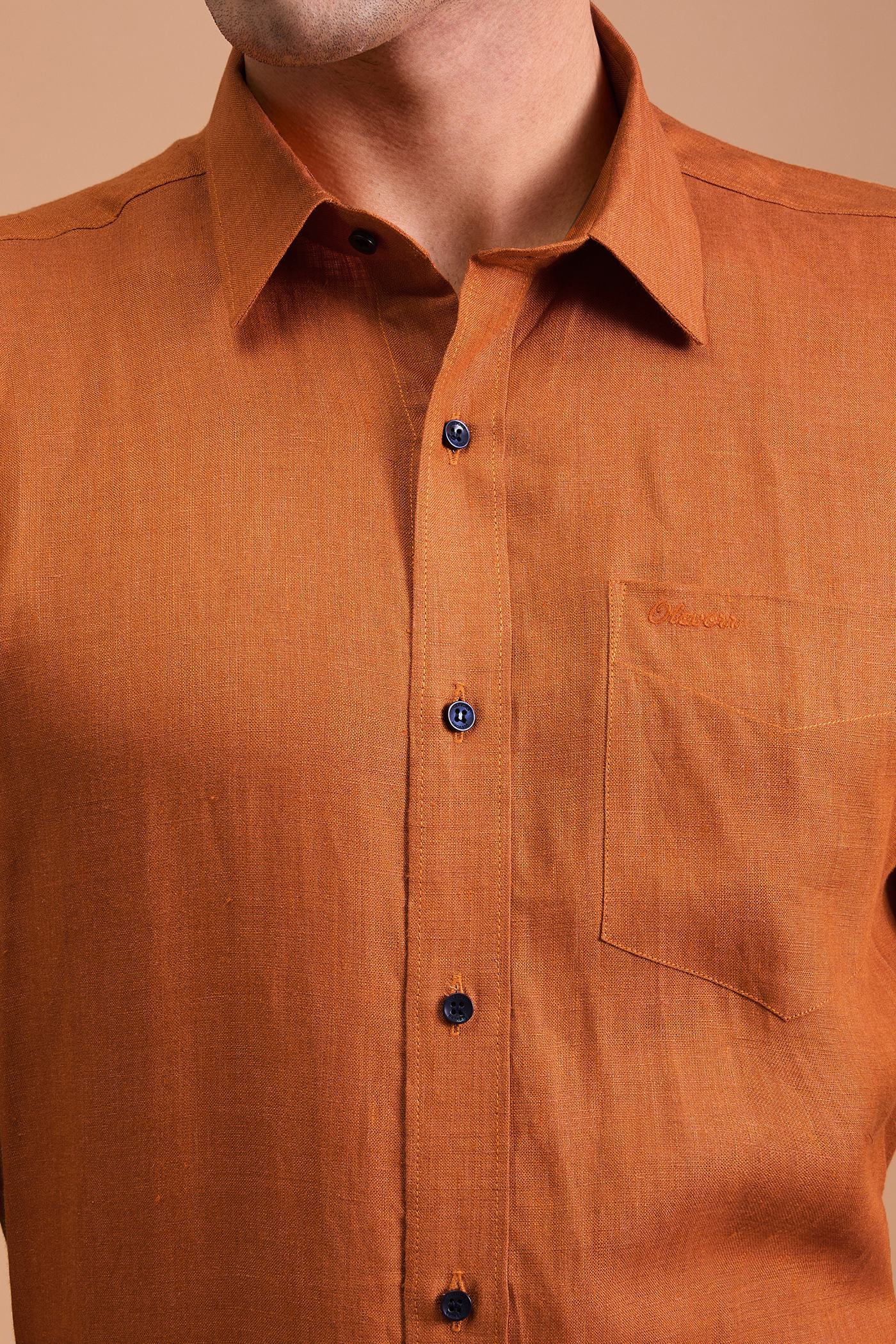 ALBA- MENS PREMIUM 100% LINEN RUSTIC AMBER SOLID REGULAR FIT SHIRT