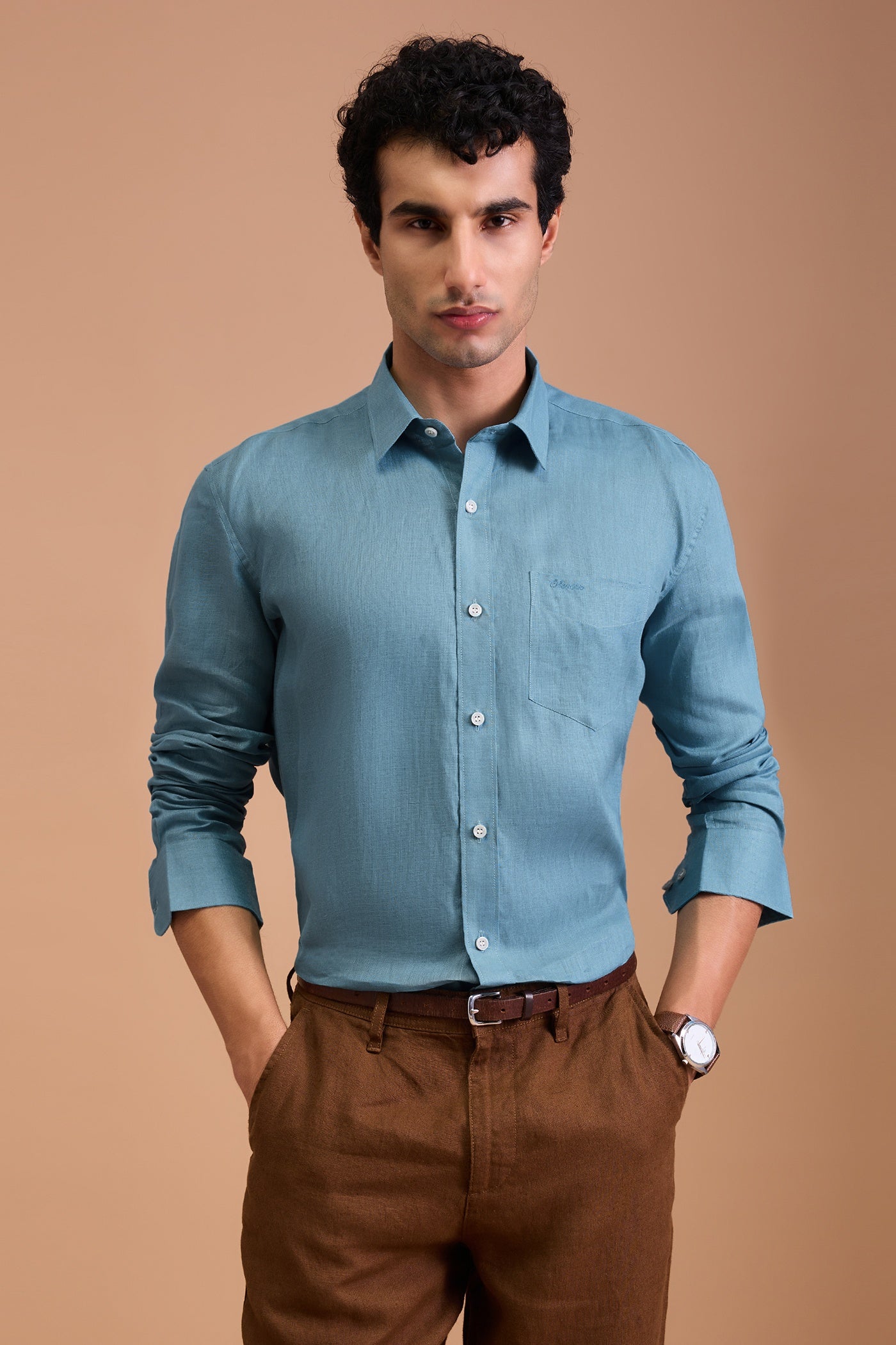 CIAN- MENS PREMIUM 100% LINEN SEA BLUE SOLID REGULAR FIT SHIRT