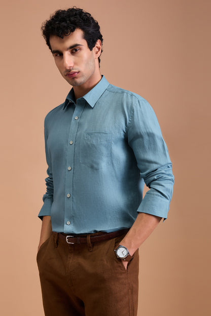 CIAN- MENS PREMIUM 100% LINEN SEA BLUE SOLID REGULAR FIT SHIRT
