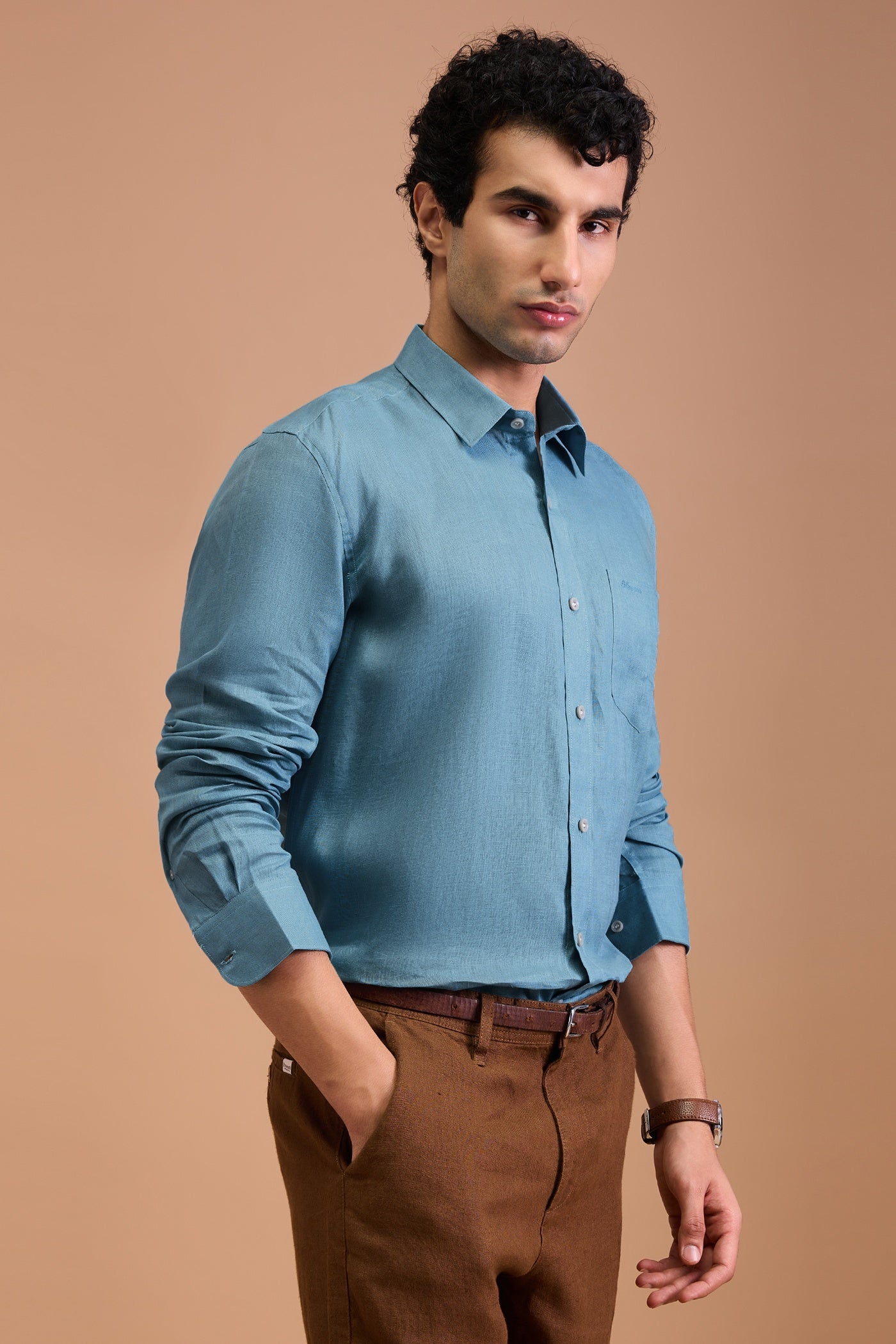 CIAN- MENS PREMIUM 100% LINEN SEA BLUE SOLID REGULAR FIT SHIRT