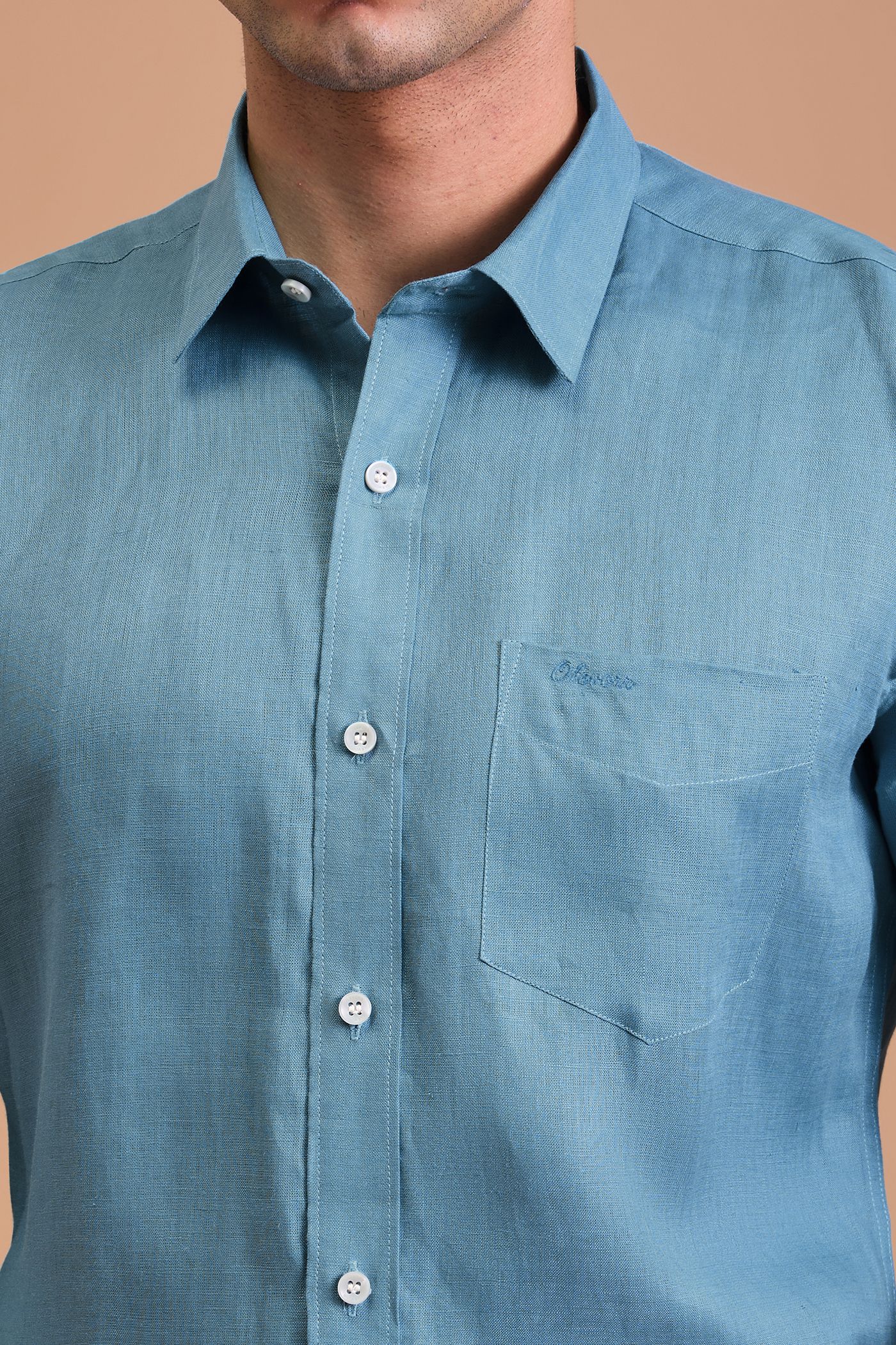 CIAN- MENS PREMIUM 100% LINEN SEA BLUE SOLID REGULAR FIT SHIRT