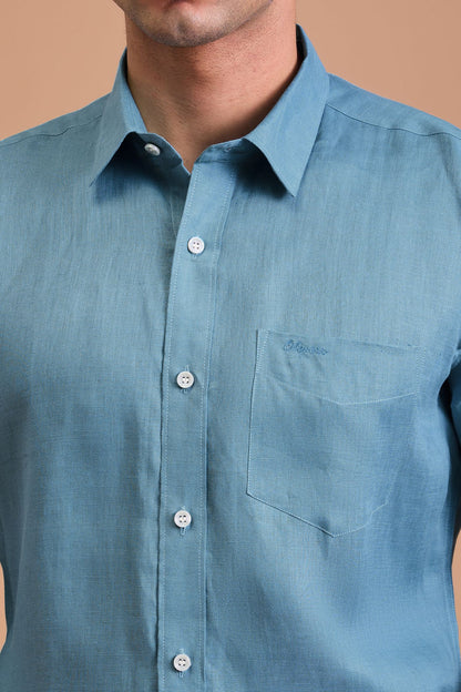 CIAN- MENS PREMIUM 100% LINEN SEA BLUE SOLID REGULAR FIT SHIRT