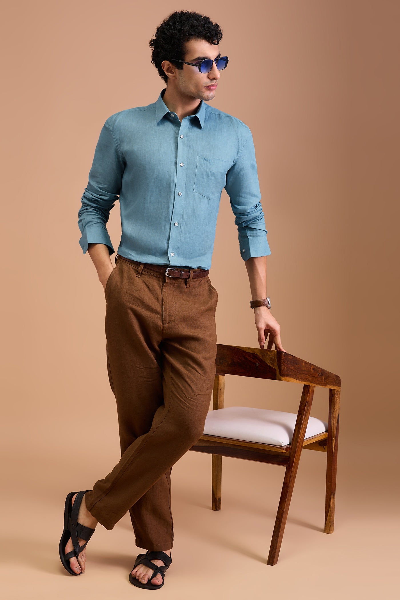 CIAN- MENS PREMIUM 100% LINEN SEA BLUE SOLID REGULAR FIT SHIRT