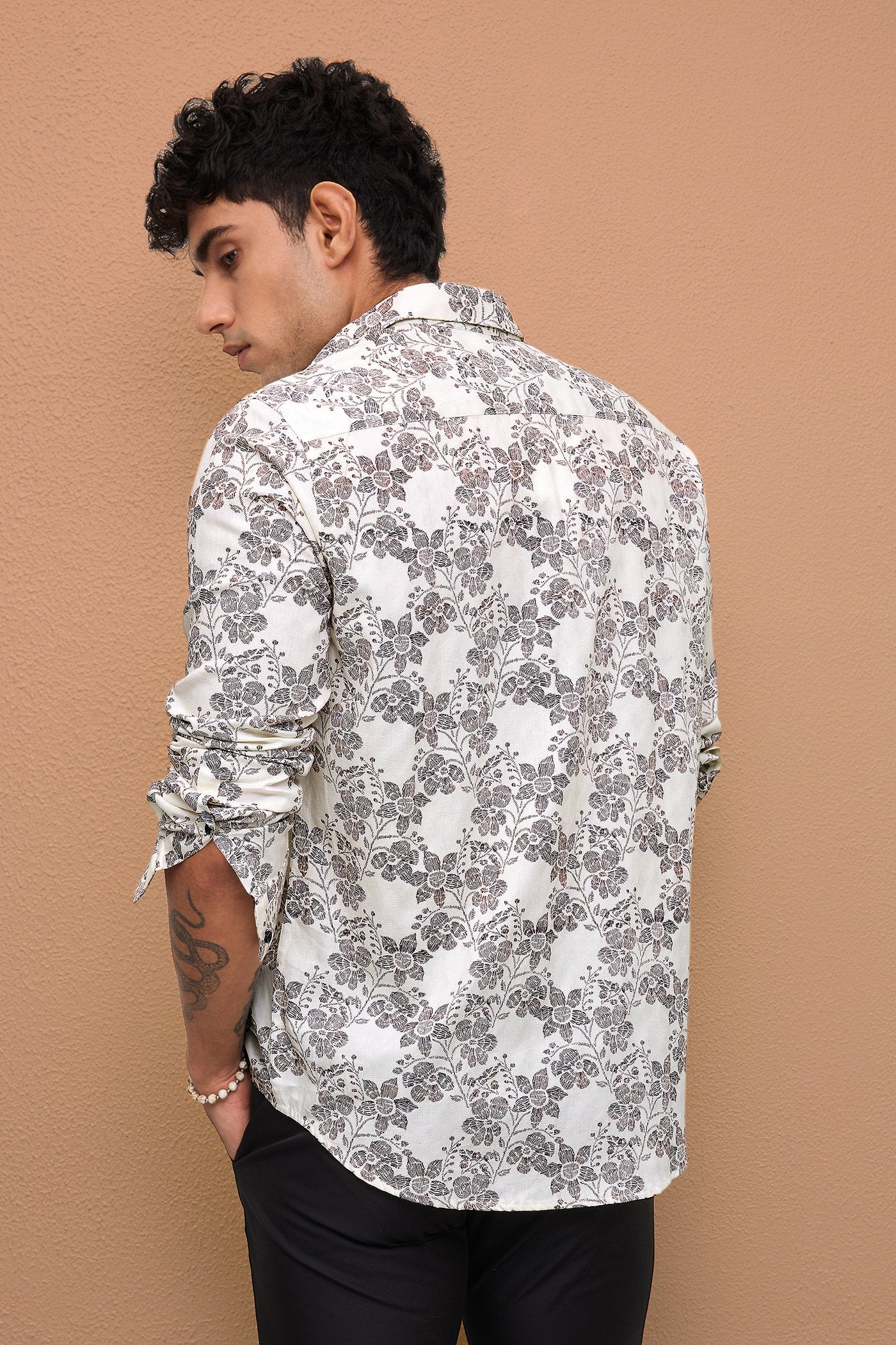 POSITANO- MEN POSITANO PREMIUM COTTON BLACK PRINTED CASUAL SLIM FIT SHIRT