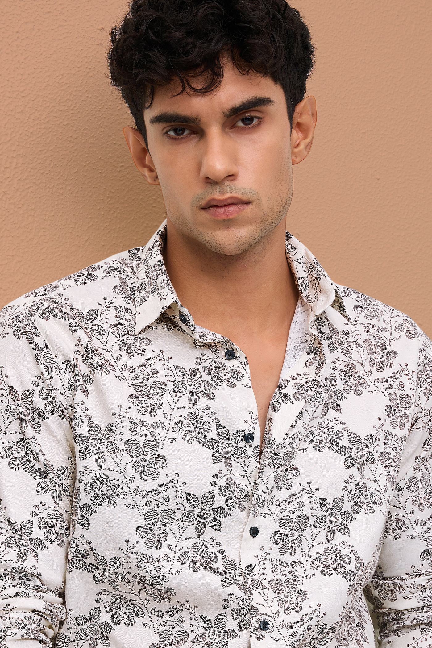 POSITANO- MEN POSITANO PREMIUM COTTON BLACK PRINTED CASUAL SLIM FIT SHIRT
