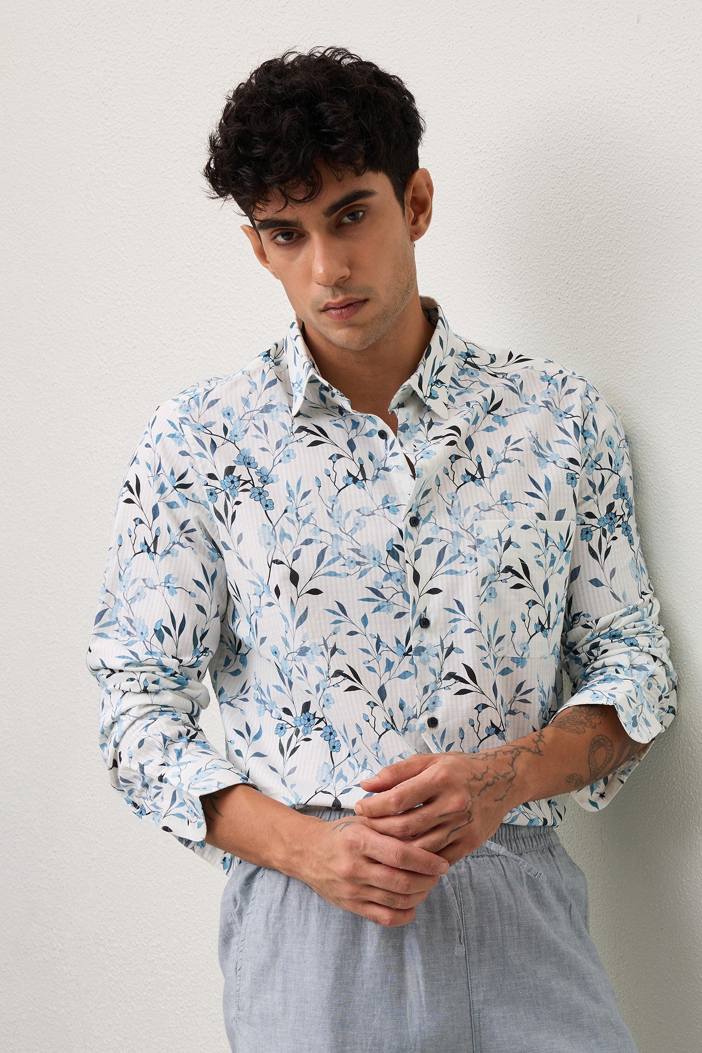RUE- MEN RUE PREMIUM BLUE PRINTED CASUAL SLIM FIT SHIRT