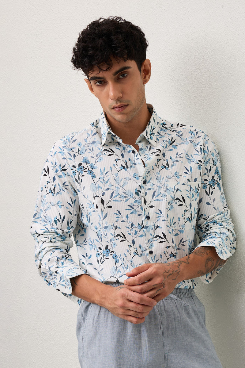 RUE- MEN RUE PREMIUM BLUE PRINTED CASUAL SLIM FIT SHIRT