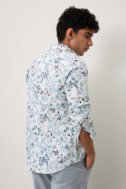 RUE- MEN RUE PREMIUM BLUE PRINTED CASUAL SLIM FIT SHIRT