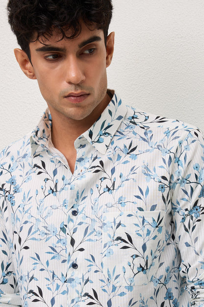RUE- MEN RUE PREMIUM BLUE PRINTED CASUAL SLIM FIT SHIRT