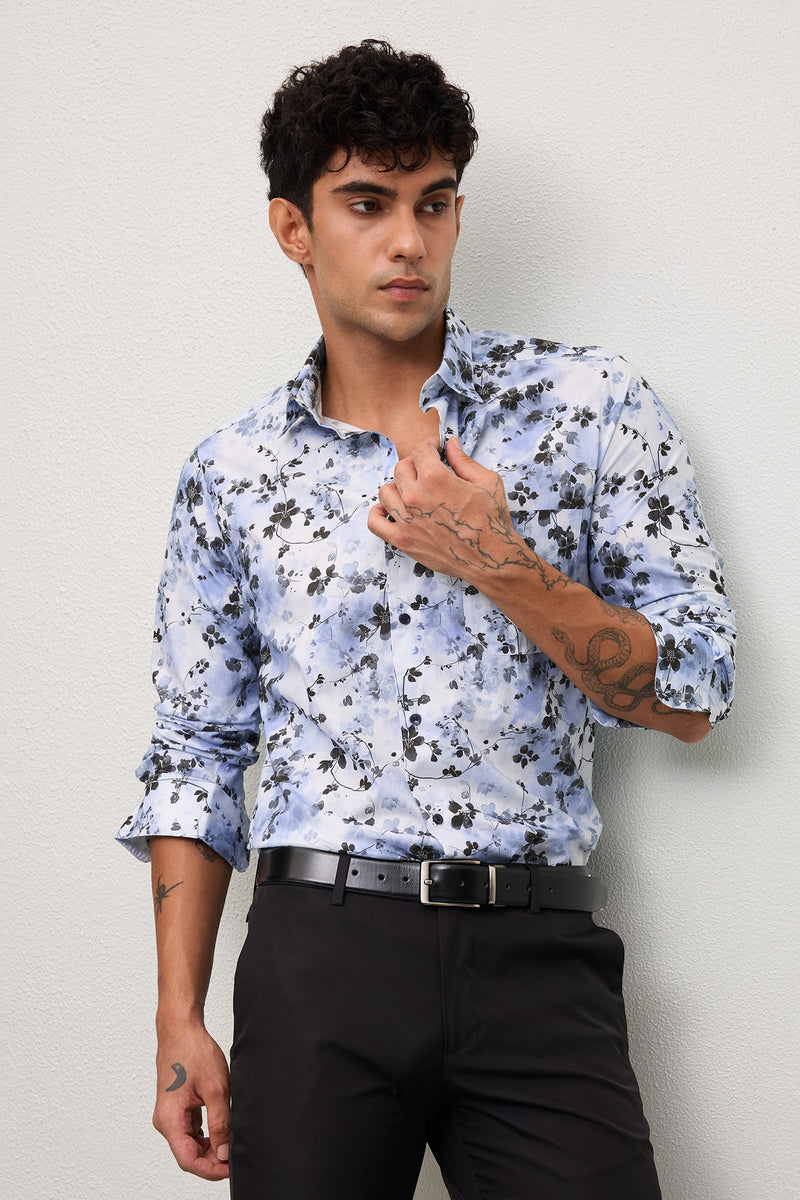 NOUVEAU- MENS NOUVEAU PREMIUM COTTON BLACK PRINTED CASUAL SLIM FIT SHIRT