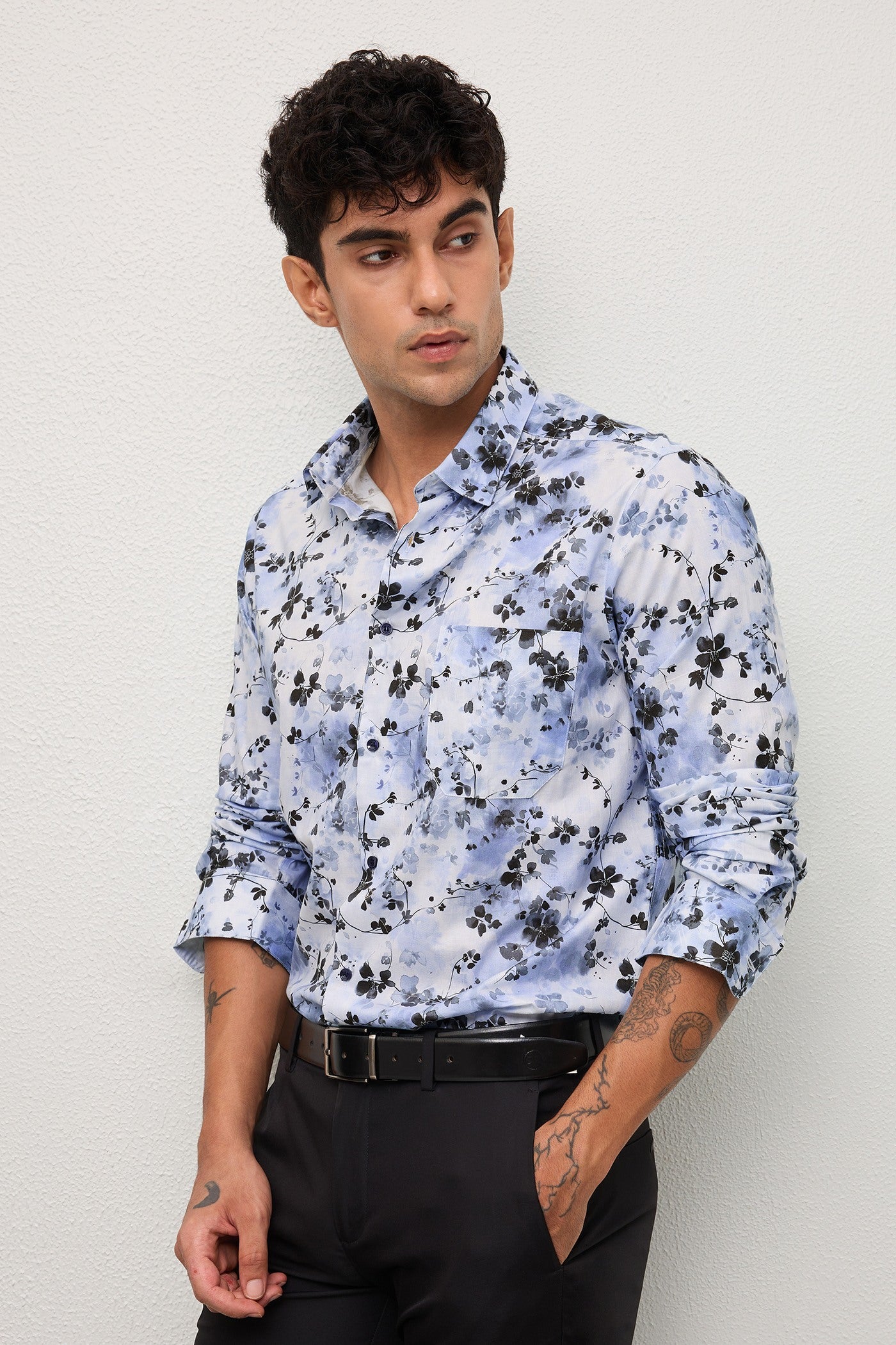 NOUVEAU- MENS NOUVEAU PREMIUM COTTON BLACK PRINTED CASUAL SLIM FIT SHIRT