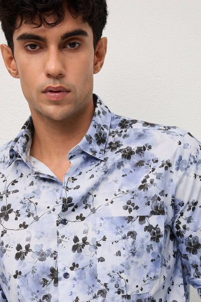 NOUVEAU- MENS NOUVEAU PREMIUM COTTON BLACK PRINTED CASUAL SLIM FIT SHIRT