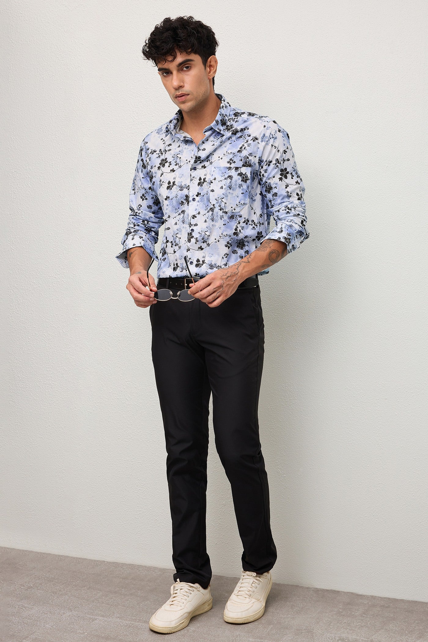 NOUVEAU- MENS NOUVEAU PREMIUM COTTON BLACK PRINTED CASUAL SLIM FIT SHIRT